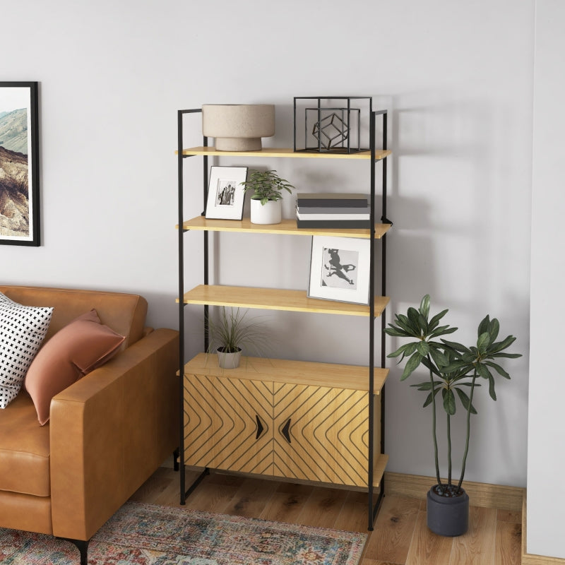 4-Tier Metal Display Shelf with Double Door Cabinet - Oak Tone