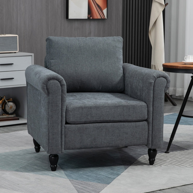 Grey Upholstered Accent Chair with Rolled Arms and Back Pillow