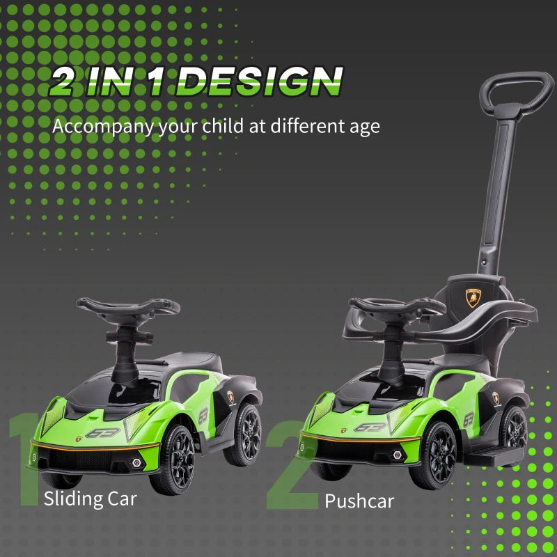 Green Kids 2-In-1 Lamborghini Ride-On Stroller with Horn