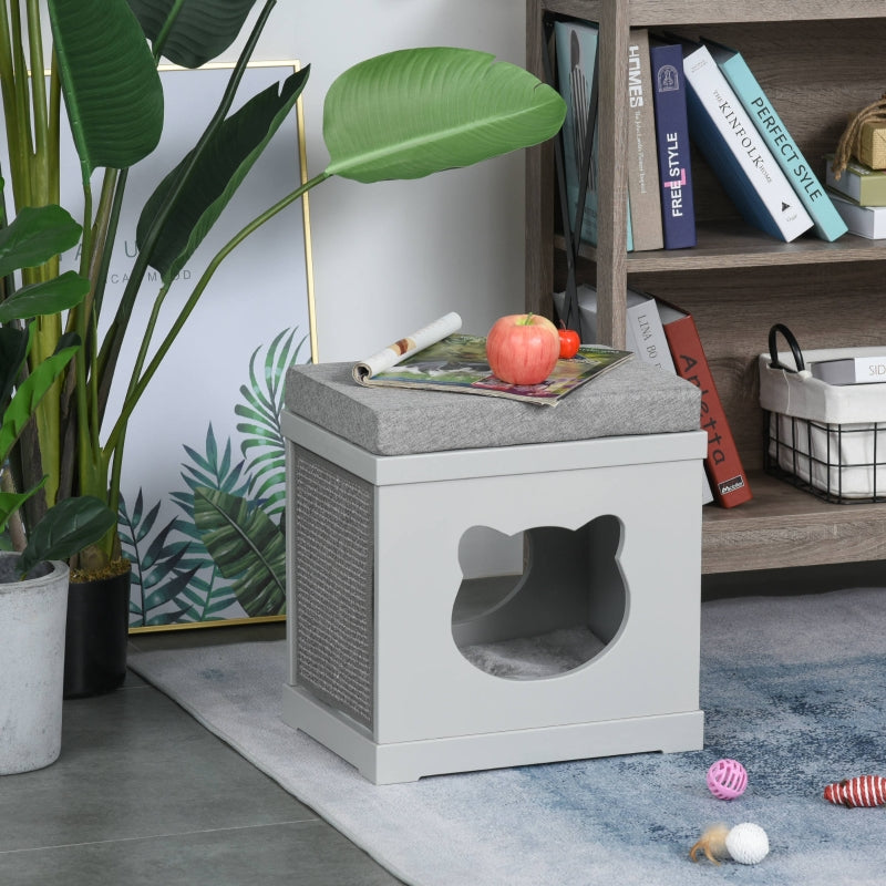 Grey Cat Cube Bed with Soft Cushion and Scratching Pad