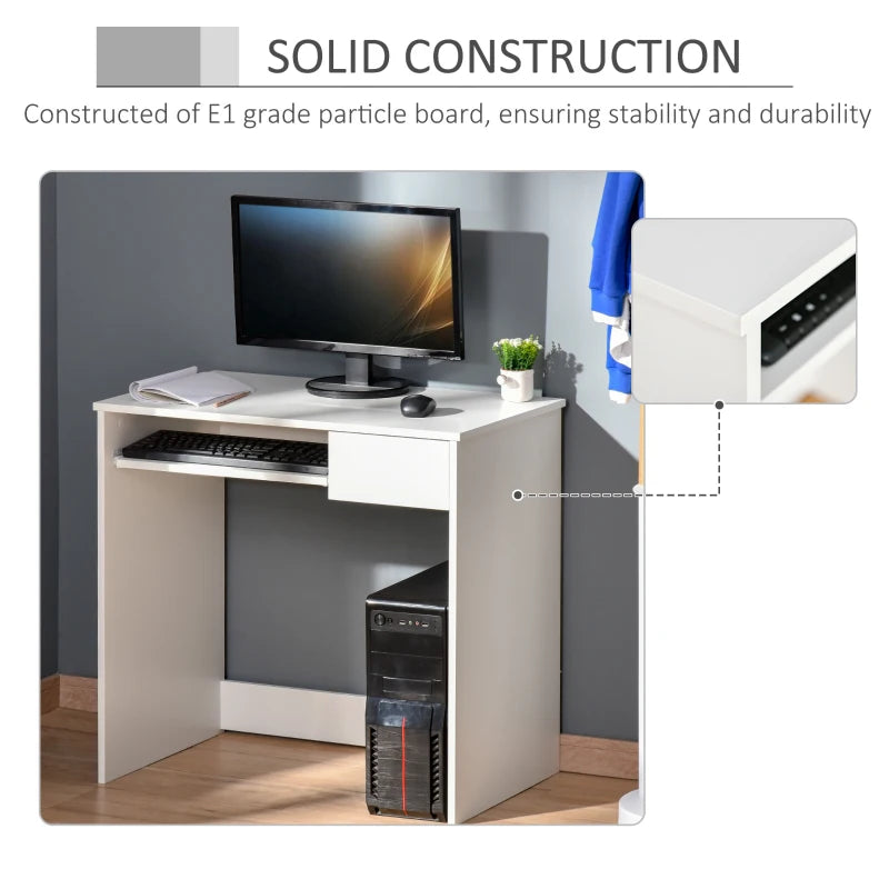 White Compact Computer Desk with Keyboard Tray - Study Office Desk