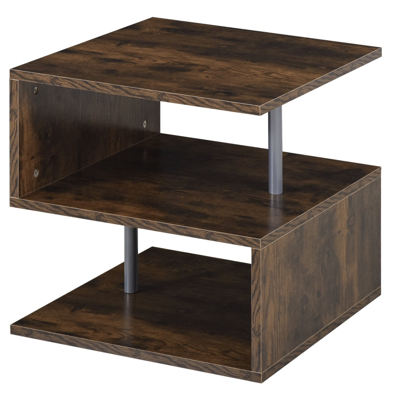 Rustic Brown Wooden S-Shaped Coffee Table with 2-Tier Storage Shelves