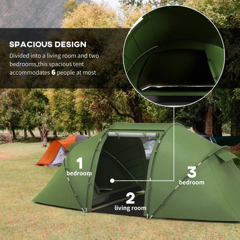 Dark Green 4-6 Person Camping Tunnel Tent with Two Bedrooms and UV Protection