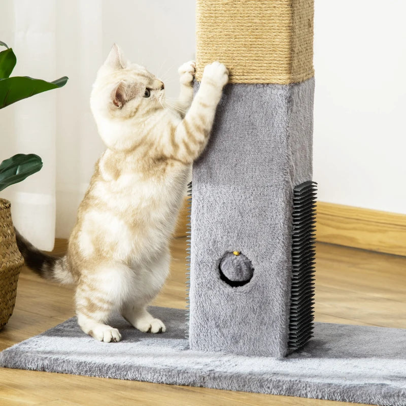 Grey Cat Tree Scratching Post with Dangling Toy