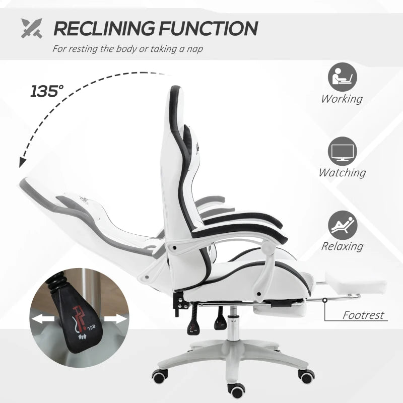 White & Black Racing Gaming Chair with Footrest and Swivel Seat