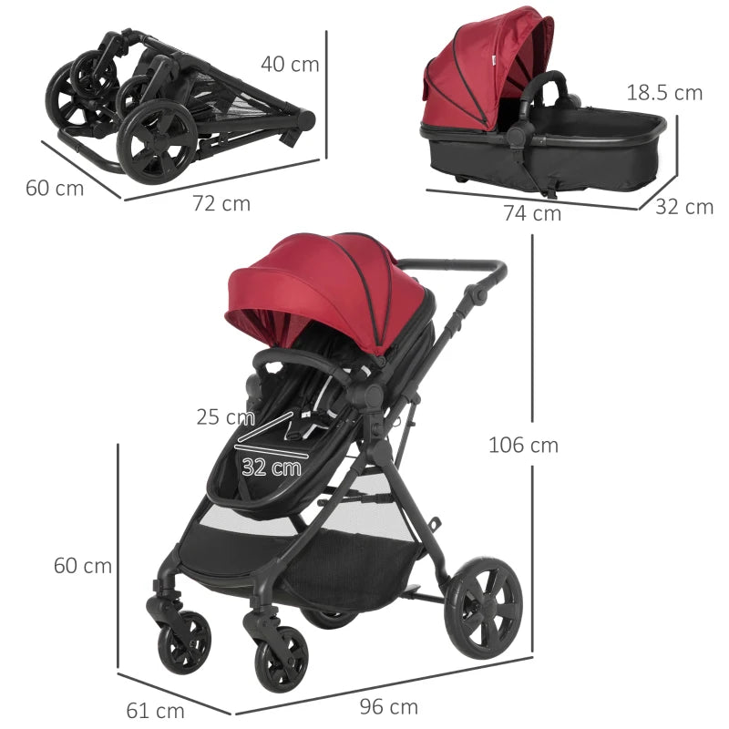 Red Foldable Baby Stroller with Reclining Backrest and Adjustable Canopy