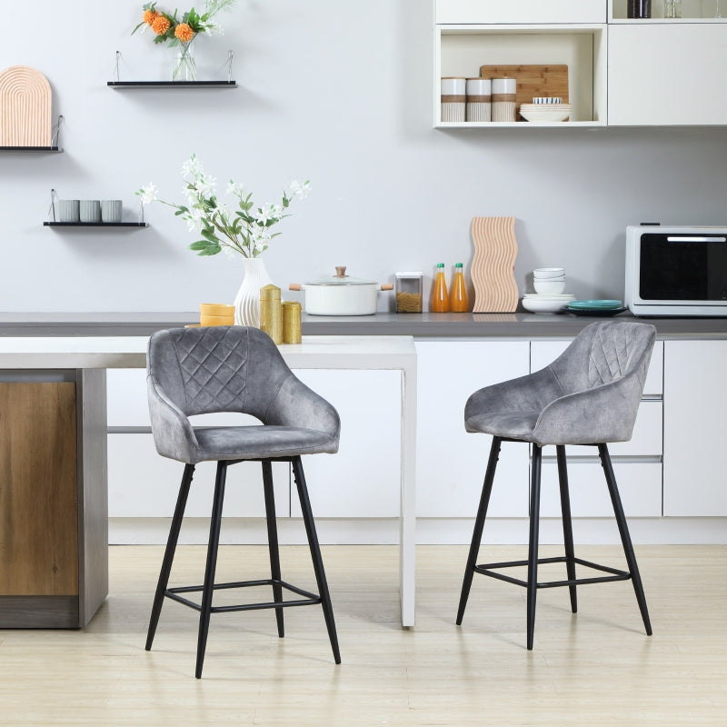 Grey Velvet Counter Height Bar Stools Set of 2 with Steel Legs