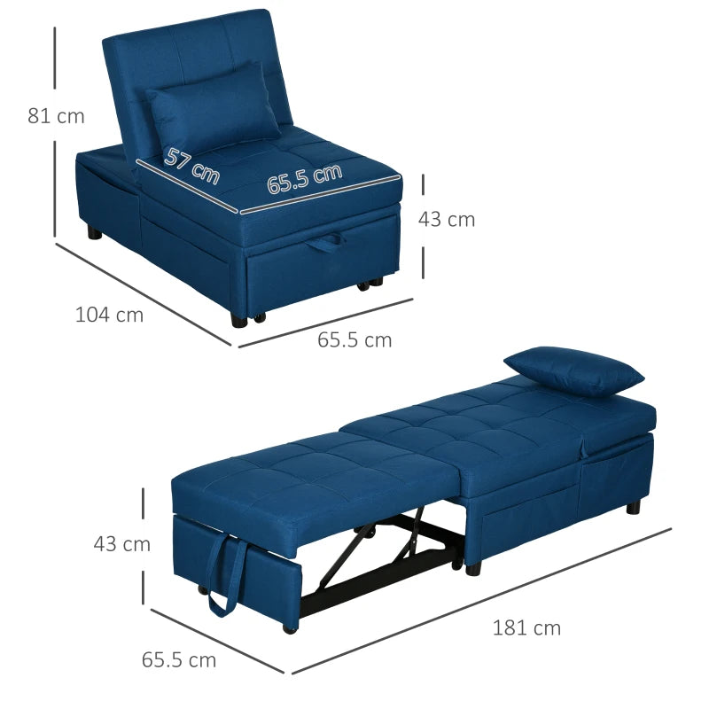 Blue Convertible Chair Bed with Adjustable Backrest and Side Pocket