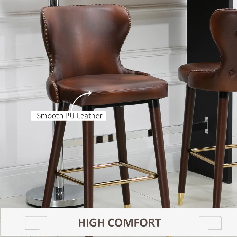 Brown PU Leather Bar Stools Set of 2, Retro Kitchen Chairs with Wingbacks and Footrest