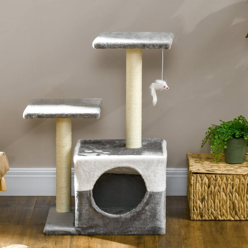 Grey Cat Tree with Scratching Posts, House, Perches & Toy Mouse