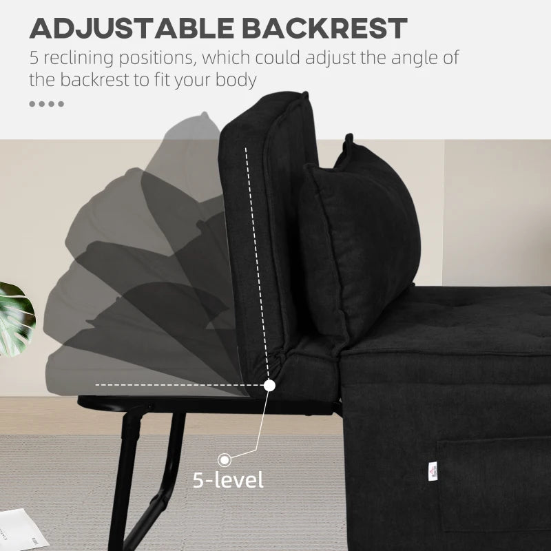 Black Fabric Folding Sleeper Chair with Adjustable Backrest and Side Pockets