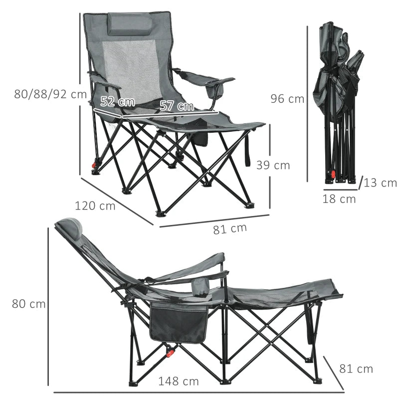 Grey Foldable Reclining Garden Chair with Footrest and Headrest