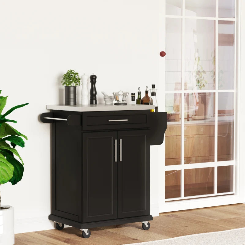 Black Wooden Kitchen Island Cart with Stainless Steel Top and Storage