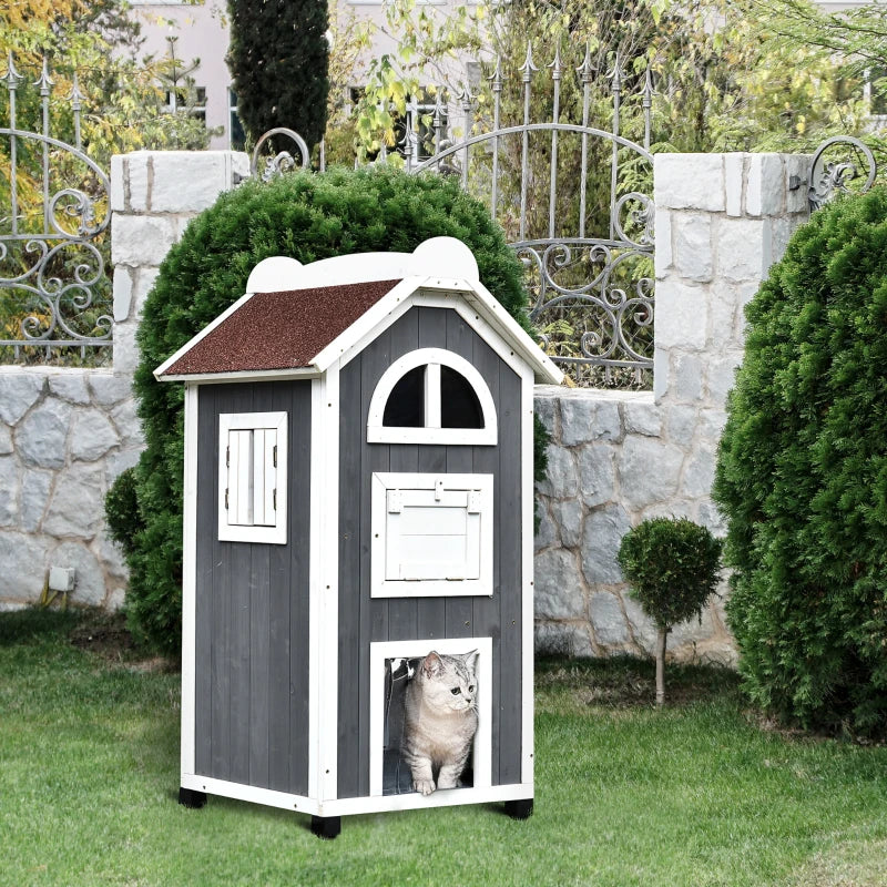 Grey & White Weatherproof Wooden Cat House with 2 Floors