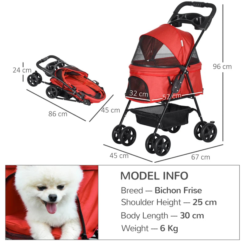 Red Pet Stroller with Canopy, 4 Wheels, Leashes, Storage Basket