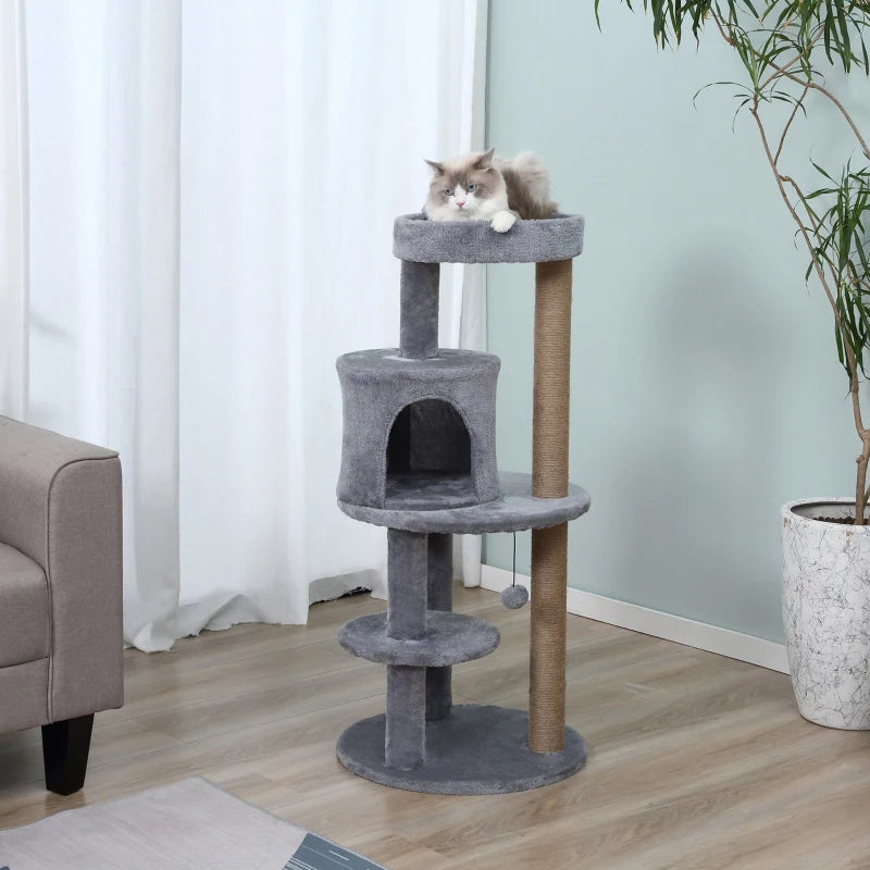 Grey Cat Tree Tower with Scratching Posts and Plush Perch