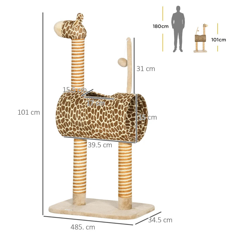 Cat Tree Play Tower with Scratching Posts and Toys, Giraffe Design, 48.5 x 34.5 x 101 cm