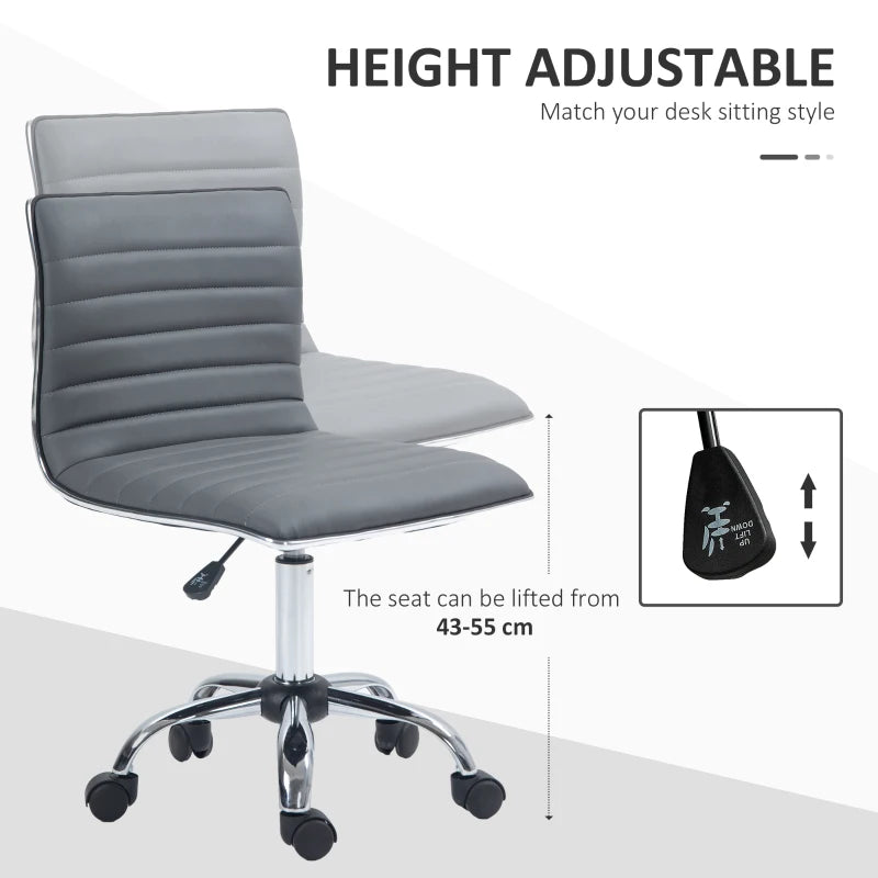 Dark Grey Armless Swivel Office Chair - PU Leather, Chrome Base