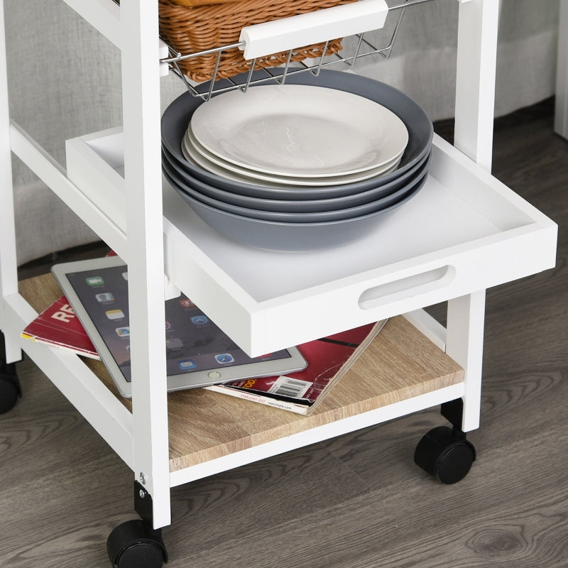 White Rolling Kitchen Island Trolley with Metal Baskets and Shelves