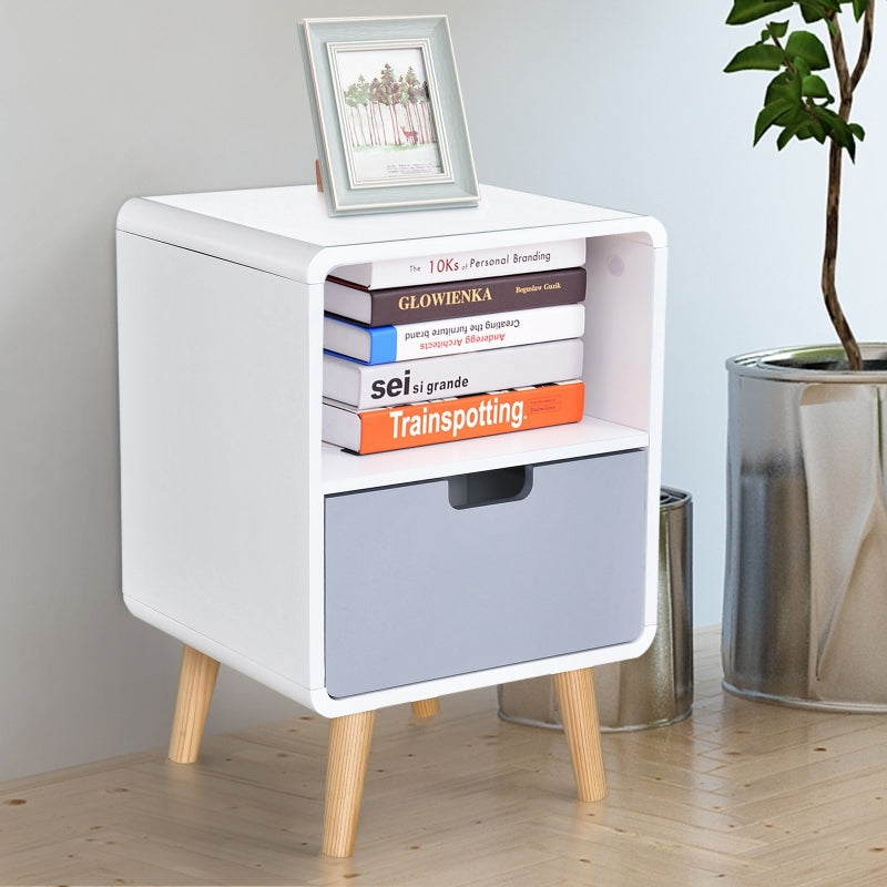 Wooden Nightstand with Drawer - White Scandinavian Style