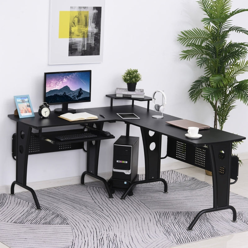 Black L-Shaped Gaming Desk with Steel Frame and CPU Rack