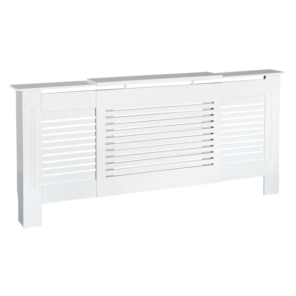 White Extendable Radiator Cover Cabinet Shelving Slatted Design 139-208.5L x 20.5W x 82.5H cm