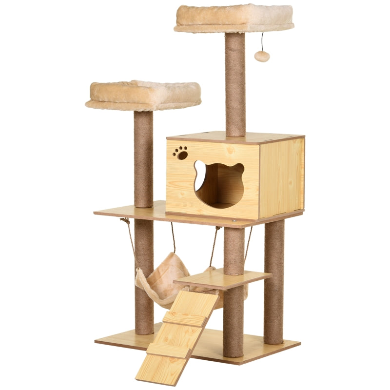 130cm Grey Cat Tree with Scratching Posts, Perches, House & Hammock