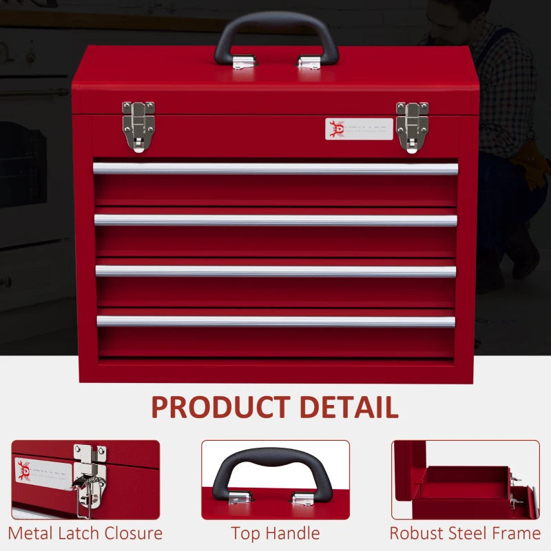 Red 4-Drawer Lockable Metal Tool Box with Handle and Ball Bearing Runners