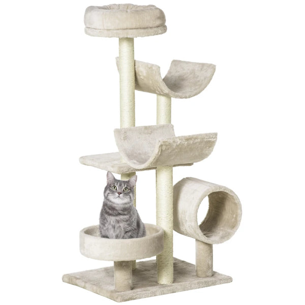 Beige Cat Tree Activity Center with Tunnel - 105cm Tall