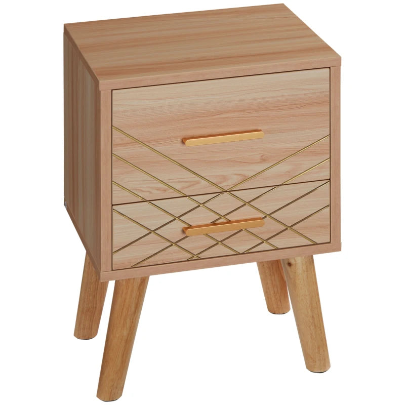 Scandinavian Bedside Table with Drawers, Natural Wood Finish