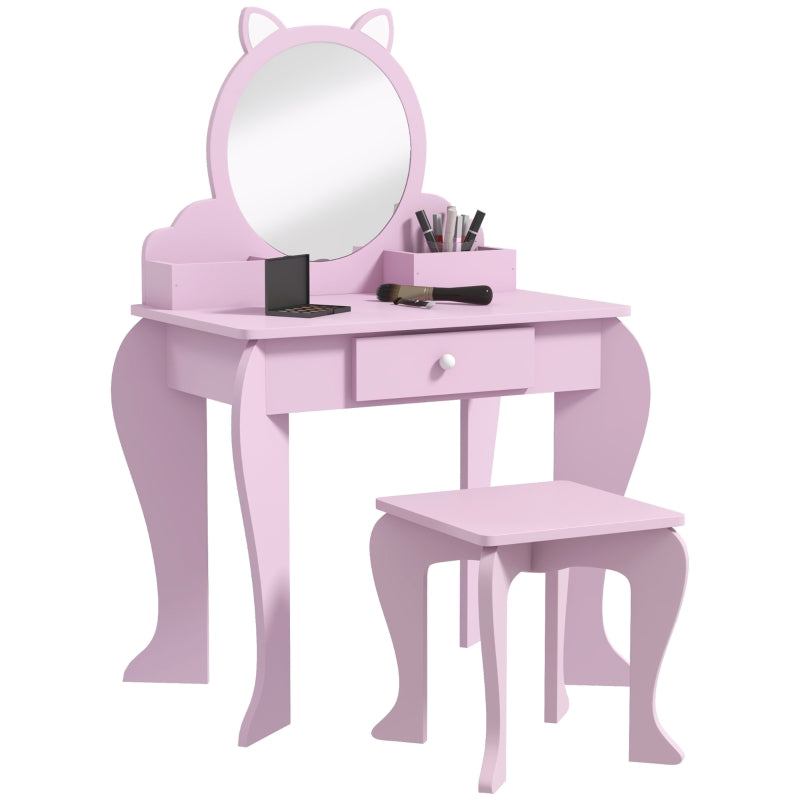 Kids Pink Cat Vanity Set with Mirror, Stool, Drawer & Storage - Ages 3-6