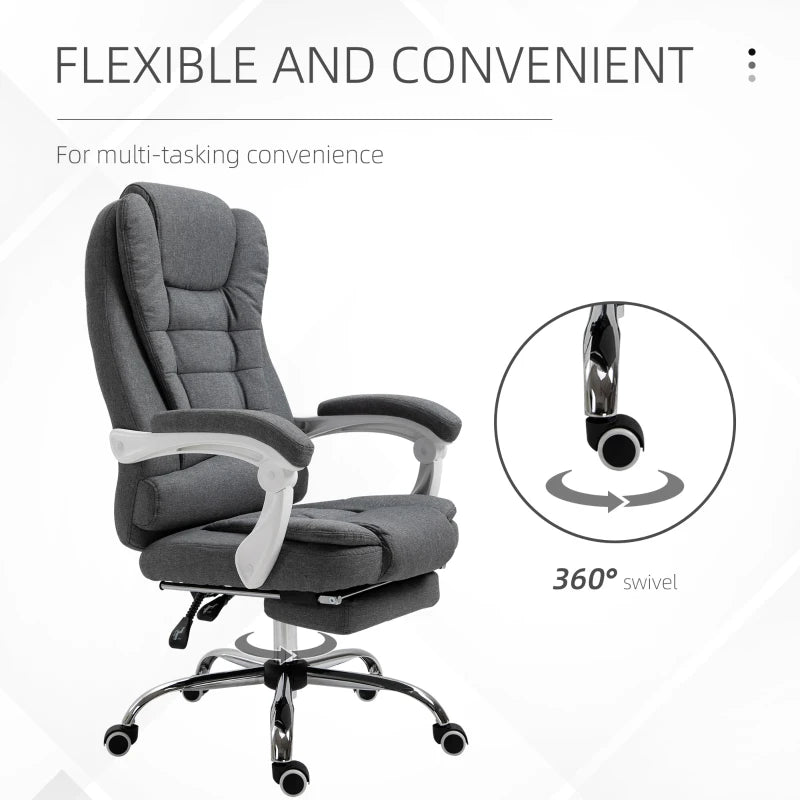 Grey Linen Swivel Office Chair with Reclining Backrest and Footrest