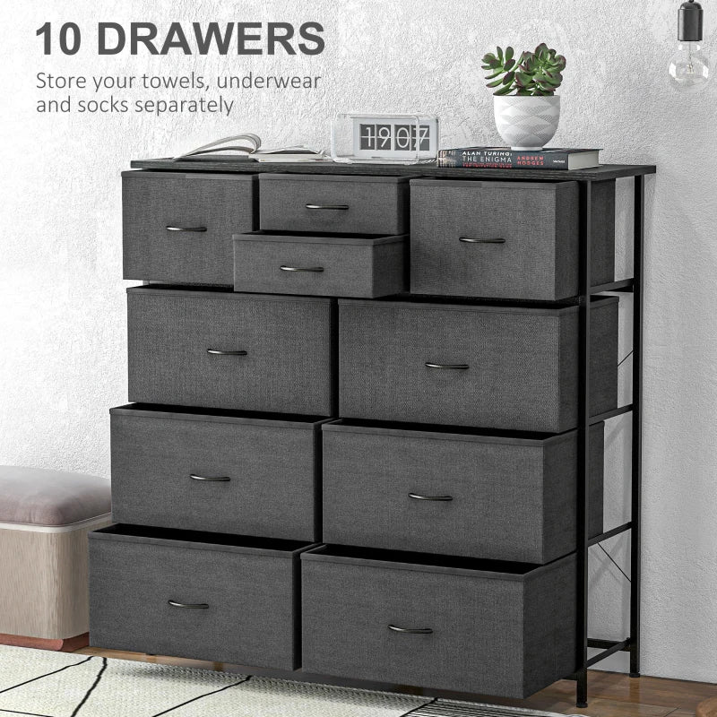 Black 10-Drawer Fabric Dresser with Steel Frame