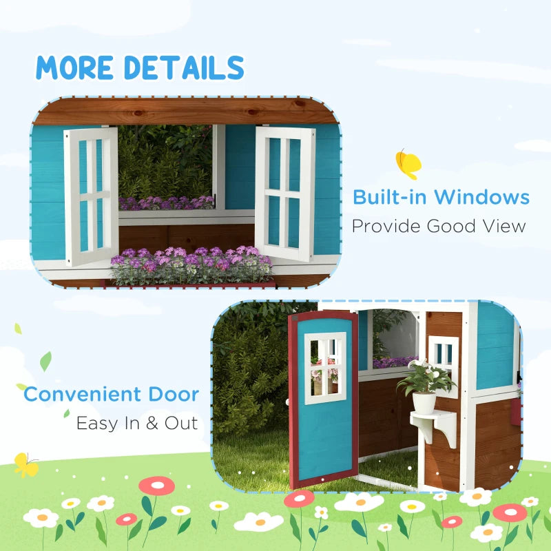 Kids Wooden Playhouse with Doors, Windows, Planters - Dark Brown