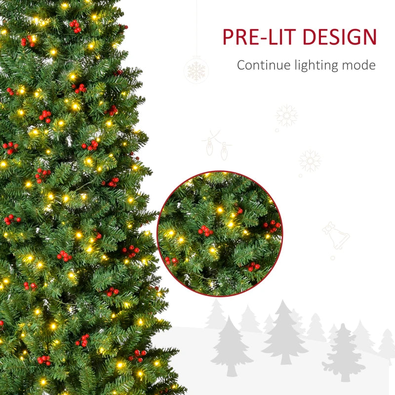 7FT Pre-lit Green Pencil Christmas Tree with Warm White LED Lights and Red Berries