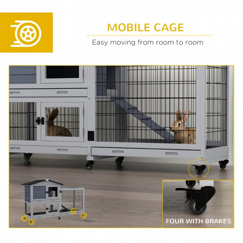 Grey Portable Rabbit Cage with Run, Wheels, Ramp - Indoor/Outdoor