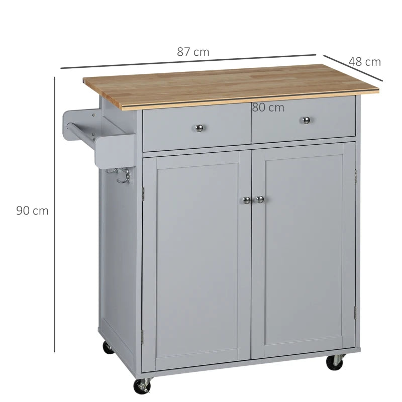 Grey Rolling Kitchen Island Cart with Rubber Wood Top and Storage