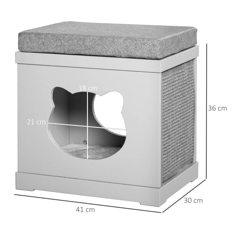 Grey Cat Cube Bed with Soft Cushion and Scratching Pad