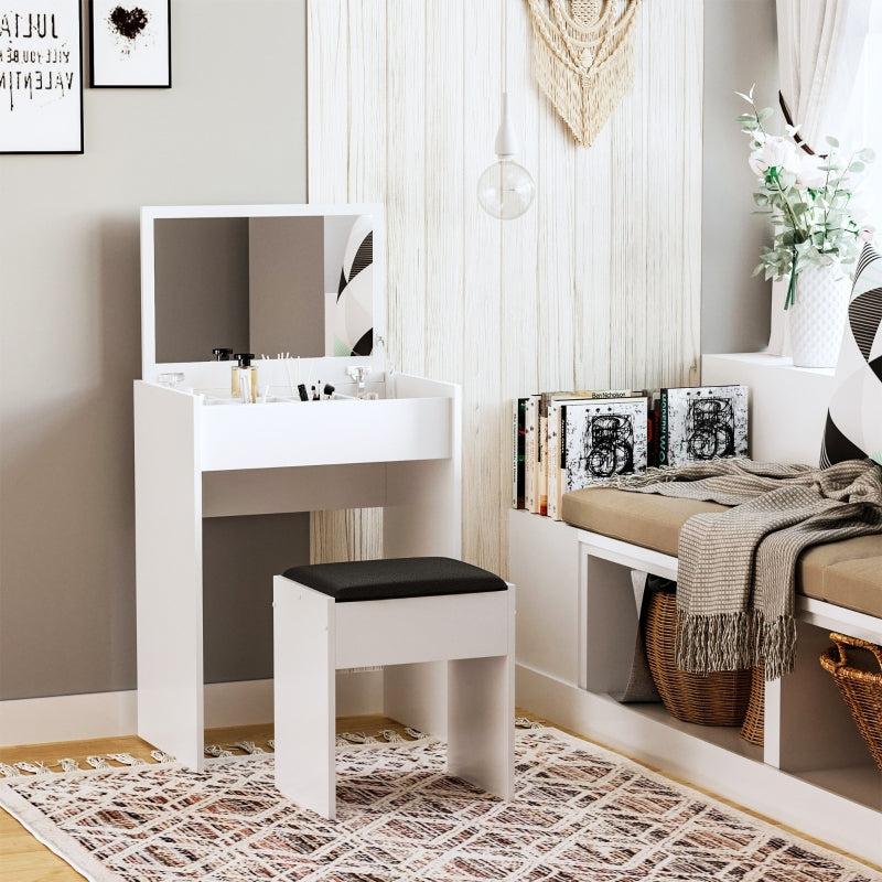 White Vanity Set with Flip-up Mirror and Padded Stool