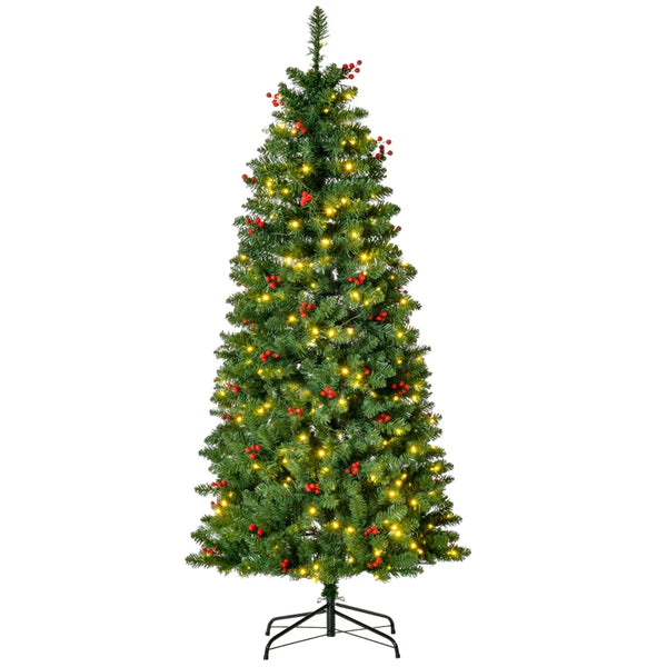 5FT Pre-lit Green Pencil Christmas Tree with Warm White LED Lights and Red Berries