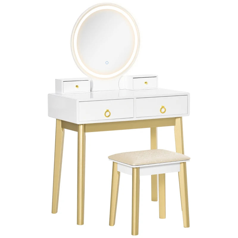 White LED Vanity Dressing Table Set with Mirror, 4 Drawers & Stool