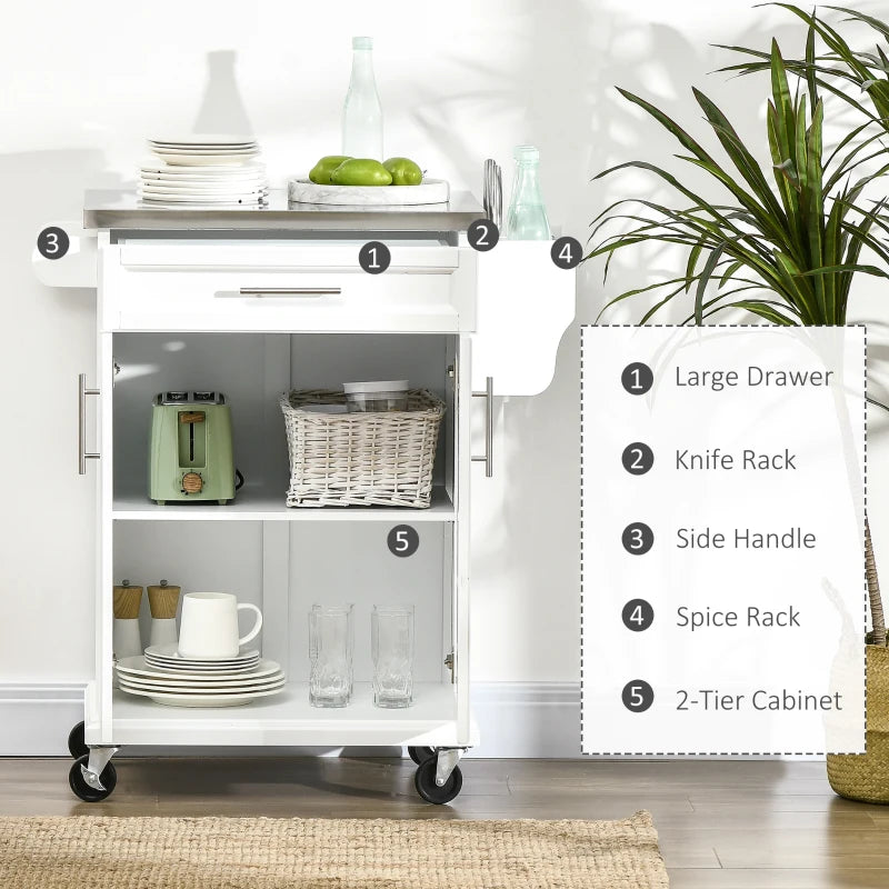 White Wooden Kitchen Island Cart with Stainless Steel Top and Storage