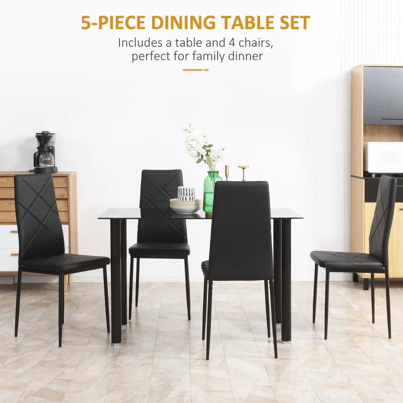 Black 4-Seater Dining Set with Glass Tabletop and Steel Frame