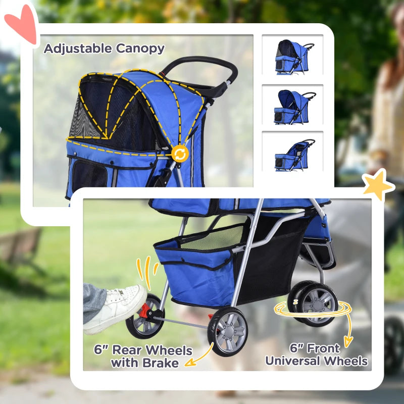 Blue Pet Travel Stroller for Small Dogs - 3-Wheel Puppy Carrier