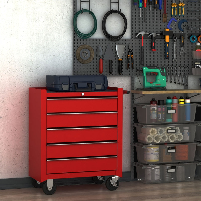 Red 5-Drawer Lockable Steel Tool Chest on Wheels with Side Handle