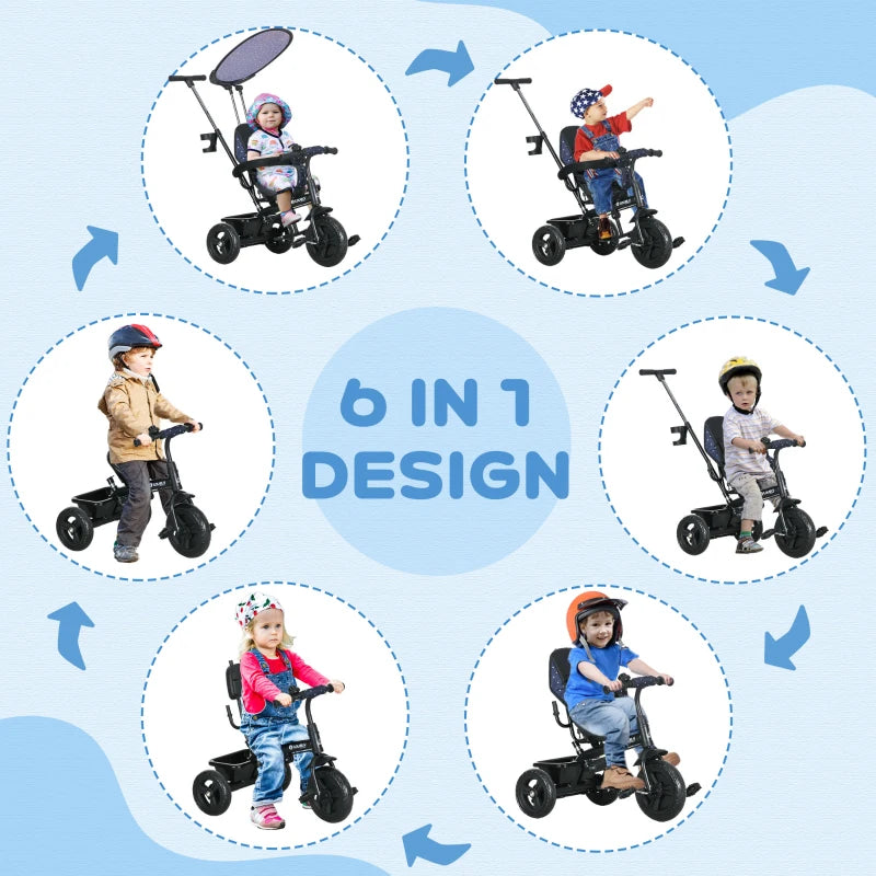 6-in-1 Kids Tricycle with 5-Point Harness & Canopy, Dark Blue