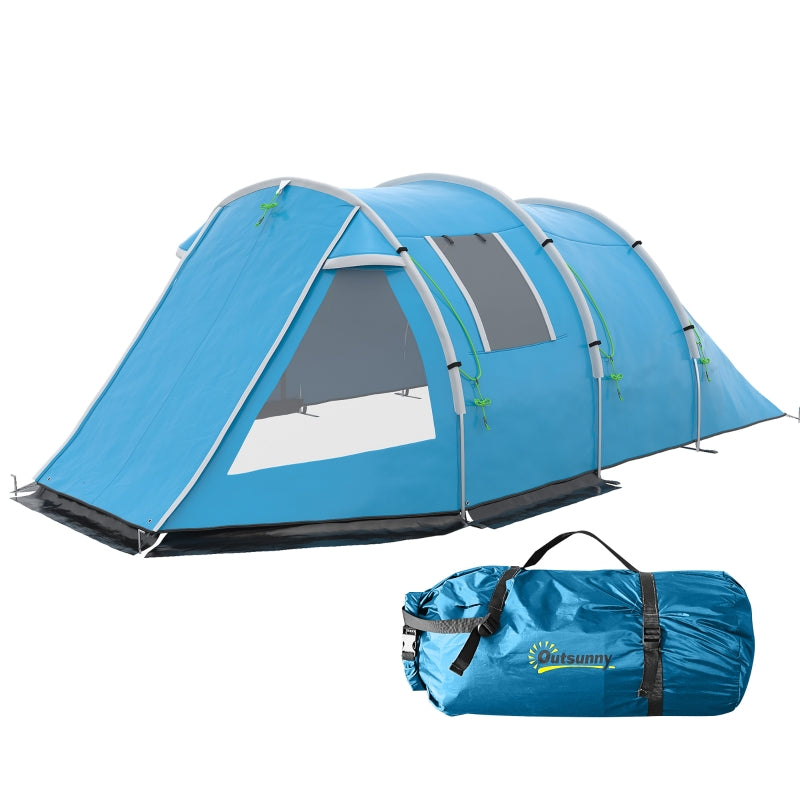 Blue 3-4 Person Tunnel Camping Tent with Windows and Covers