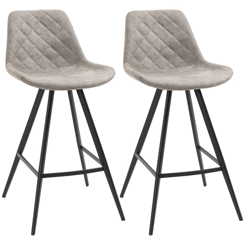 Grey Microfiber Bar Stools Set of 2 - Padded Steel Frame Footrest - Quilted Kitchen Chairs