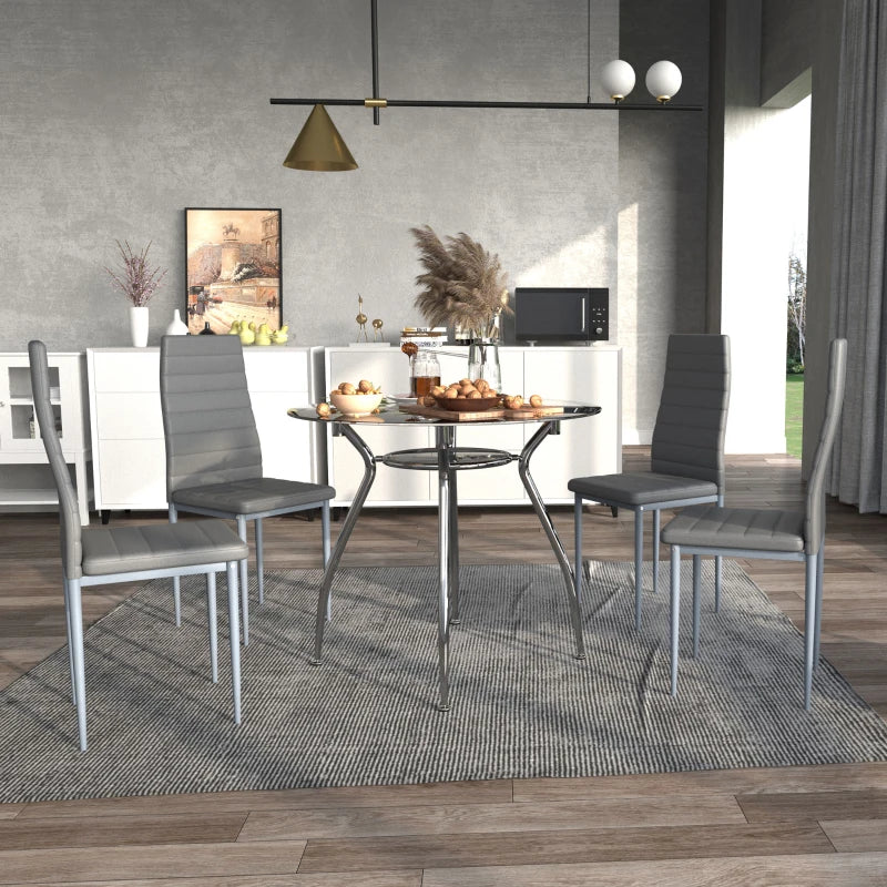 Grey 5-Piece Dining Set with Padded Chairs and Glass-Top Table