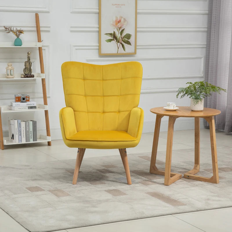 Yellow Velvet Tufted Wingback Armchair with Wood Legs